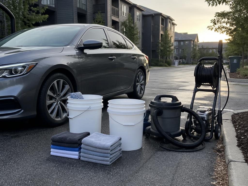Detailing equipment set up beside a car in a parking lot