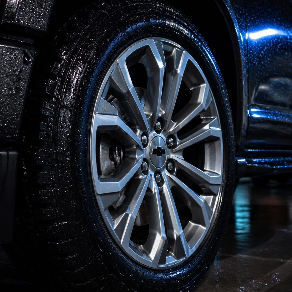 Clean alloy wheel and glossy tire with water beads